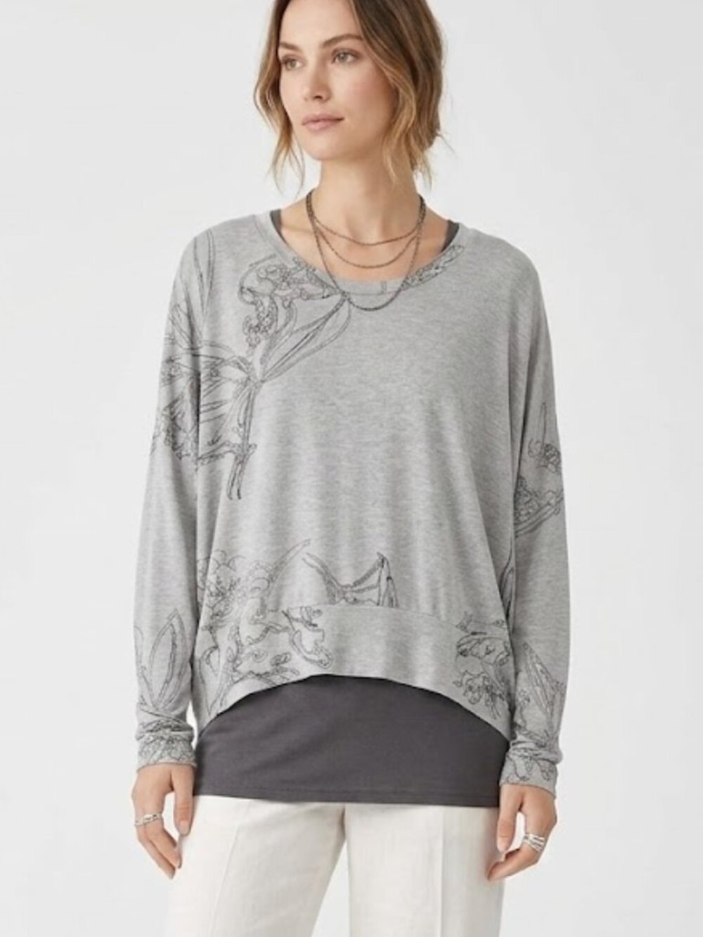 Allison Izu Blouse Top Lagenlook Dolman LongSleeve Floral Graphic size L Minimal
